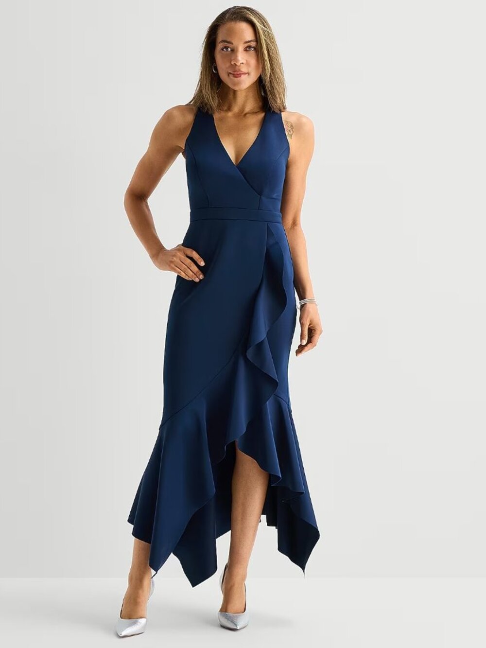 MSRP $110 DJ Jaz Women's 10, 14 Navy High-Low V Neck Sleeveless Evening Gown Dre